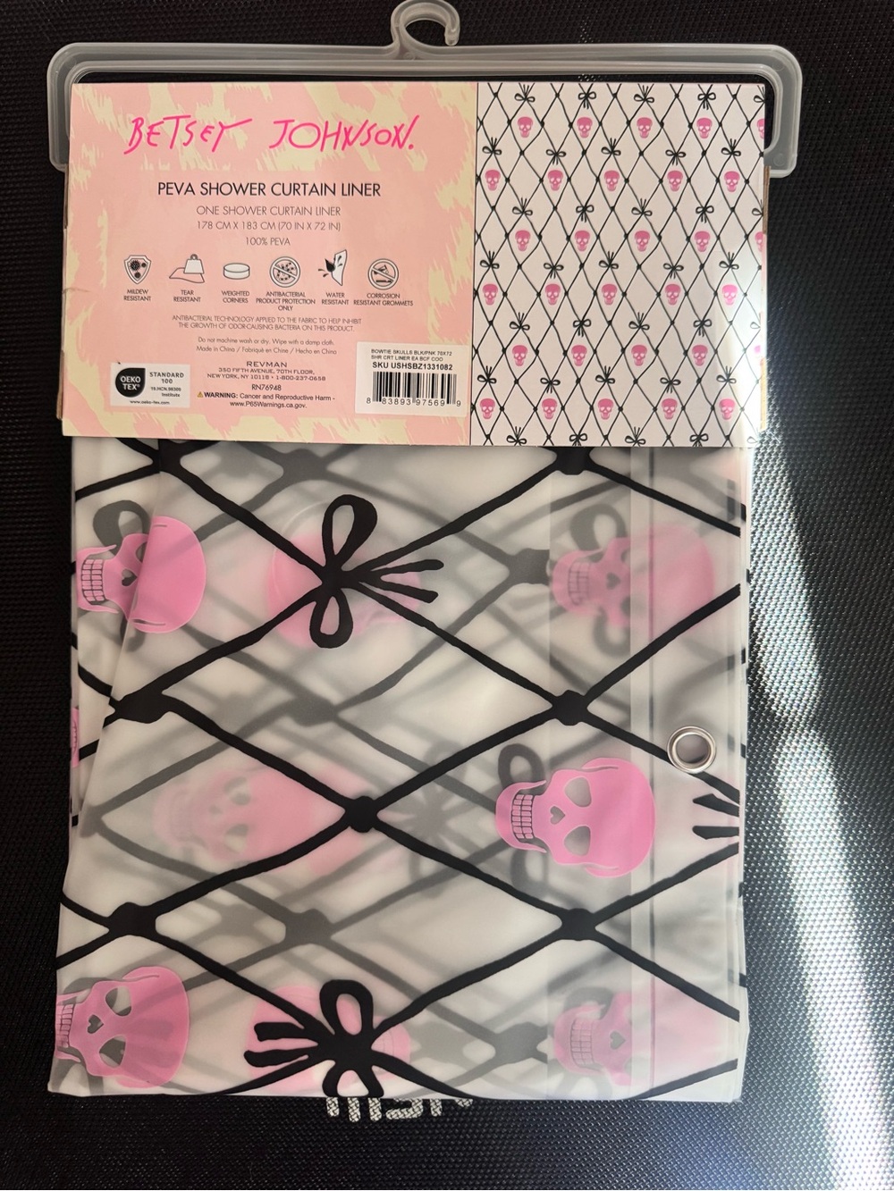 Betsey Johnson Pink & Black Skull PEVA Shower Curtain Liner